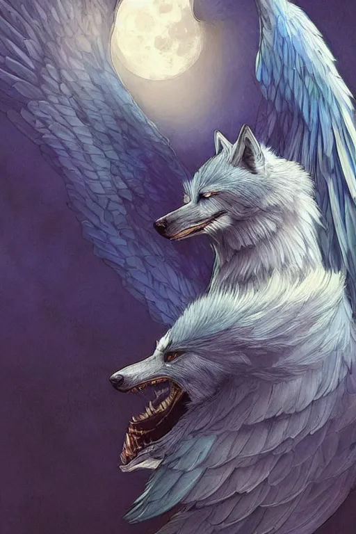 Image similar to blue feathered wolf with wings on a beautiful fantasy landscape, hills, mountains, moonlit, hd, illustration, epic, d & d, fantasy, intricate, elegant, highly detailed, digital painting, artstation, concept art, smooth, sharp focus, illustration, wallpaper, art by artgerm and greg rutkowski and alphonse mucha and jin xiaodi