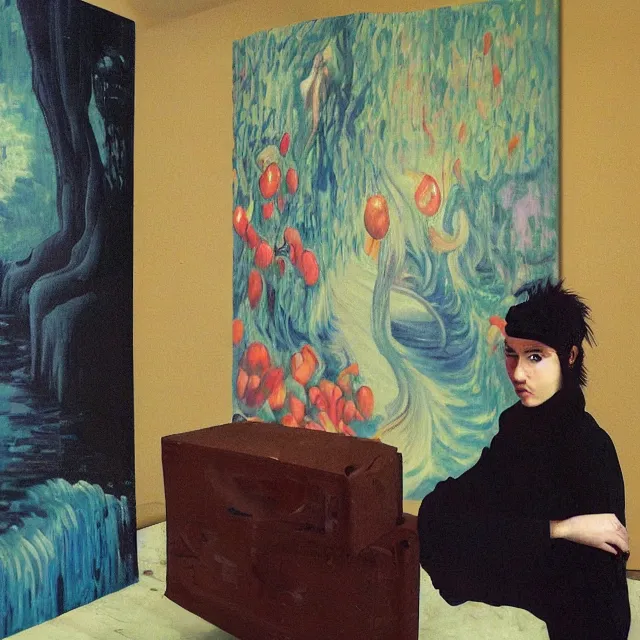 Image similar to tall emo artist in her flooded apartment, painting of flood waters inside an artist's home, a river flooding indoors, pomegranates, pigs, ikebana, zen, water, octopus, river, rapids, waterfall, black swans, canoe, berries, acrylic on canvas, surrealist, by magritte and monet