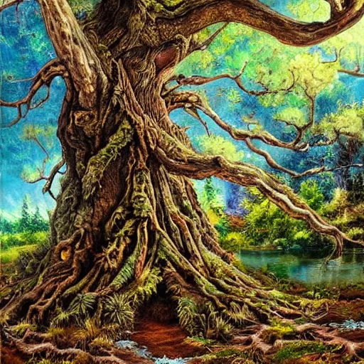 Image similar to A 100 year old tree, fantasy painting, lots of detail