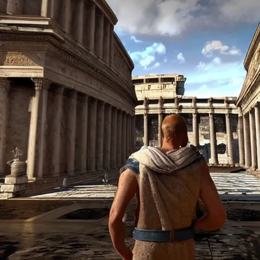 Prompt: man from the future bring ipad tablet to ancient rome and show the amazed people about the technology of the future. real, 4 k, cg, unreal engine