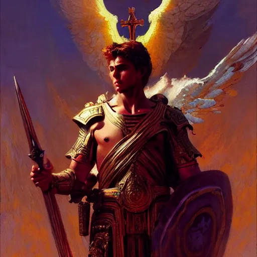 Image similar to saint michael the angel, guarding the planet from evil. highly detailed painting by gaston bussiere, craig mullins, greg rutkowski 8 k
