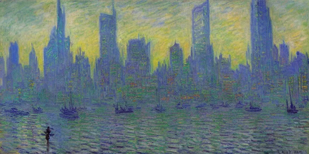 Prompt: unicorn in a futuristic cyberpunk town. By Claude Monet, highly detailed