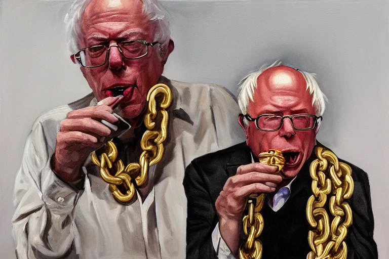 Prompt: Bernie Sanders as rap gold chains and gold teeth, drinking cough syrup, oil on canvas, artstation, portrait, masterpiece, aesthetic