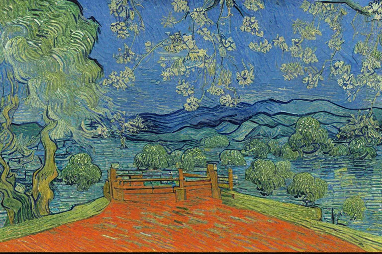 Image similar to japanese scenery in edo period, by vincent van gogh, high saturation, blue color scheme