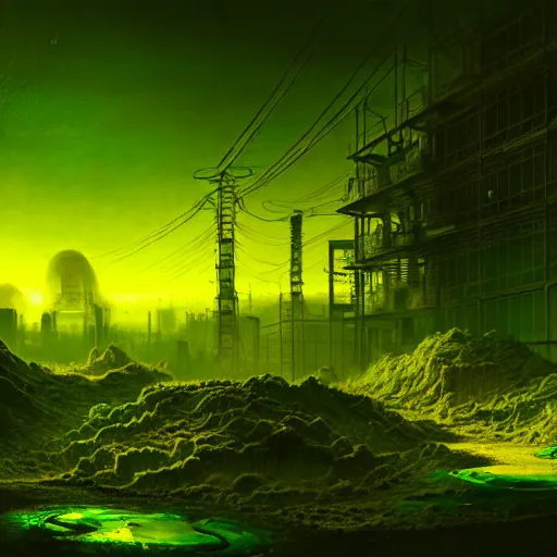 radioactive wasteland, spilled green - yellow toxic