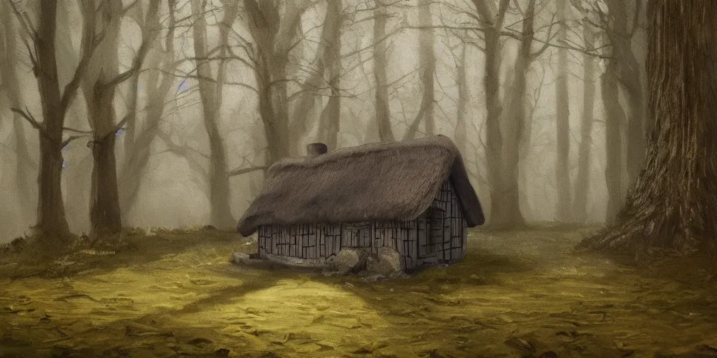 Image similar to a painting of a close up of a single cottage with a thached roof in the woods and empty woods, 8k, fantasy, hyper realistic, atmospheric lighting, cinematic