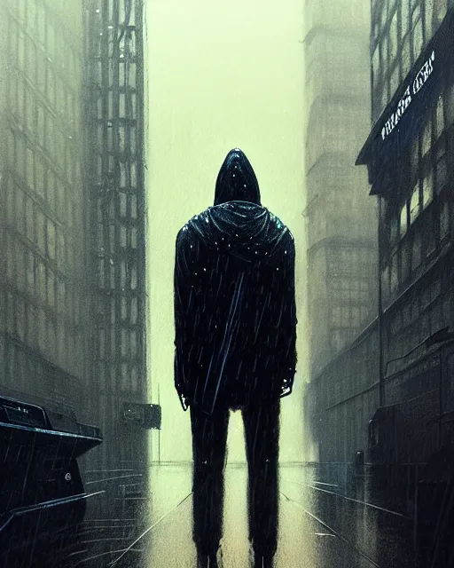 Prompt: blade runner, hyper - realistic portrait man in hoodie, real street, rain, cinematic, by atey ghailan, by greg rutkowski, by greg tocchini, by james gilleard, by joe fenton, by kaethe butcher, 8 k, very intricate, 8 0's, night