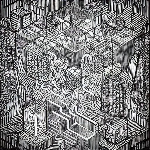 Image similar to “geometrically incomprehensible surreal order of big cubes, extremely high detail, photorealistic, intricate line drawings, dotart, album art in the style of James Jean”