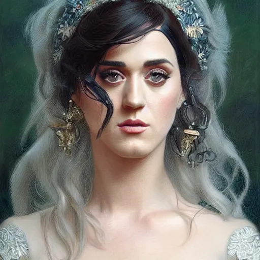 Prompt: beautiful striking Pre-Raphaelite Katy Perry by Artgerm and Greg Rutkowski, pale, intricate, elegant, highly detailed, digital painting