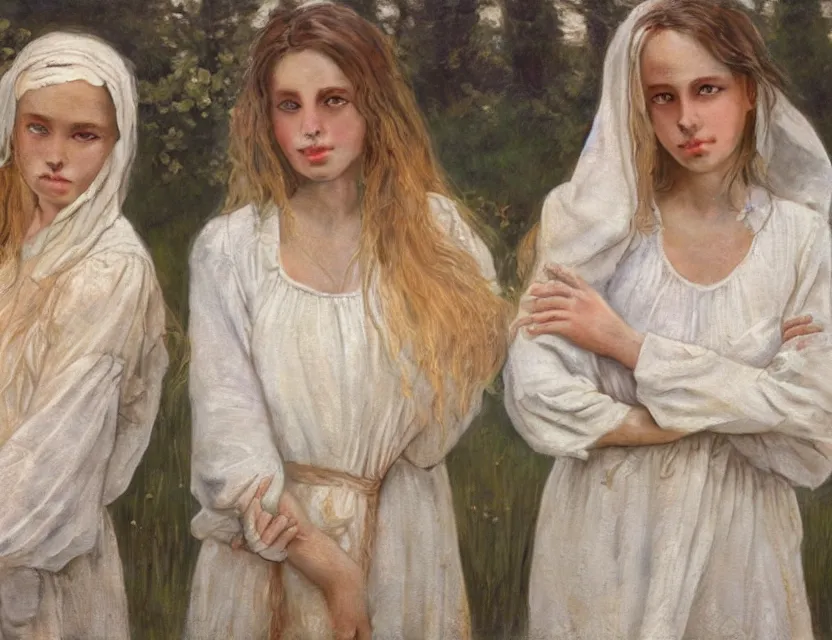 Prompt: beautiful peasant sisters with long hair, cottage core, cinematic focus, polaroid photo bleached vintage pastel colors high - key lighting, soft lights, foggy, by jean auguste dominique by steve hanks, by lisa yuskavage, by serov valentin, by tarkovsky, 8 k render, detailed, oil on canvas