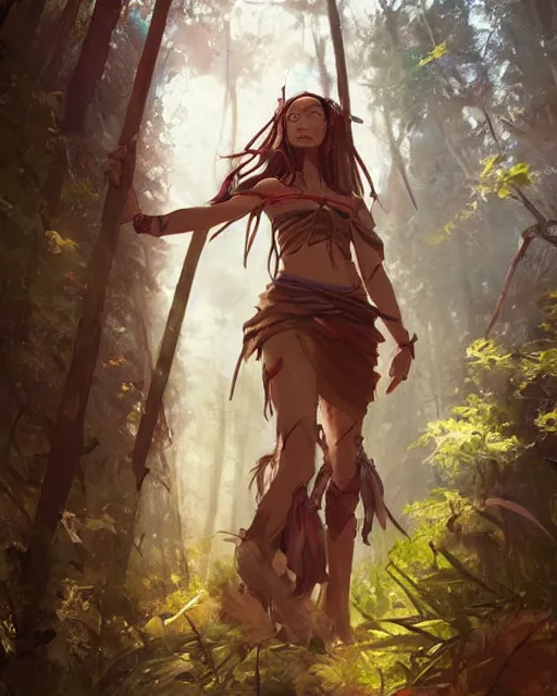 Image similar to a tribeswoman standing in the woods. By Makoto Shinkai, Stanley Artgerm Lau, WLOP, Rossdraws, James Jean, Andrei Riabovitchev, Marc Simonetti, krenz cushart, Sakimichan, D&D trending on ArtStation, digital art.