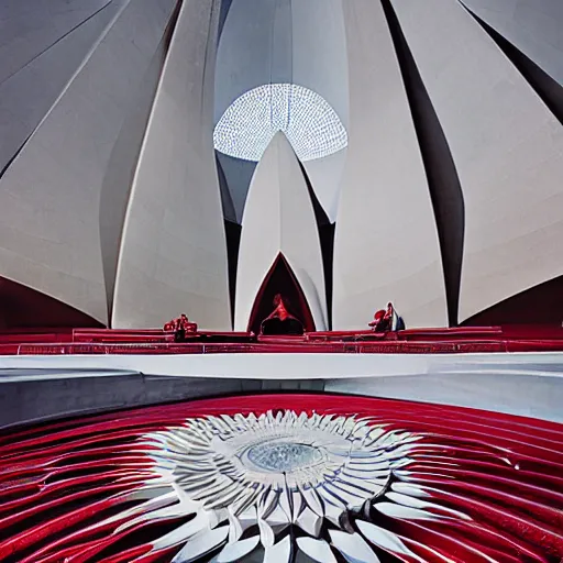 Image similar to interior of a futuristic lotus temple with gold, red and white marble panels, in the desert, by buckminster fuller and syd mead, intricate contemporary architecture, photo journalism, photography, cinematic, national geographic photoshoot