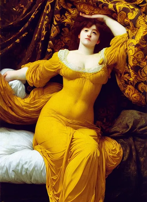 Prompt: masterpiece portrait of lady reclining on bed draping flowing sheets raising floating wearing yellow ochre ornate medieval dress, vertical, foreshortening, colour photography by frederic leighton, william morris, 8 k