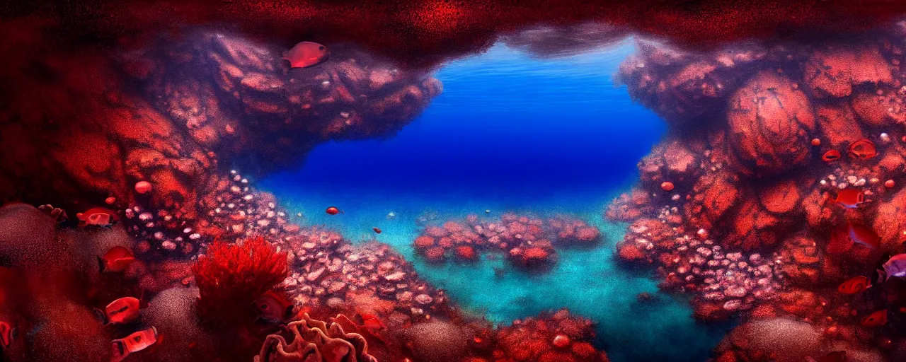 Image similar to A gorgeous detailed oil of a dark red sea covered in big blue steep rocks, a school of piranhas underwater, the further away the mistier it gets, surreal, concept art, dark aesthetic, atmospheric, moody, hyperrealism, highly detailed, masterpiece, award winning, 4k, unreal engine