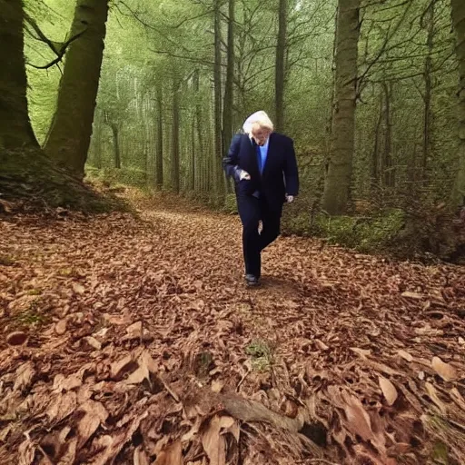 Image similar to drunk boris johnson chasing you in a forest, trailcam footage, horror shot, creepy