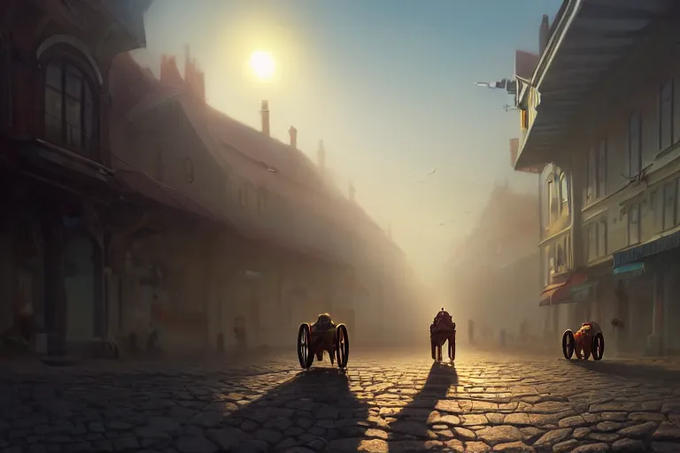 Image similar to a walking town mounted on mechanical legs, hyperrealistic, highly detailed, cinematic, single ray of sun, fog, beautiful, cgssociety, artstation, 8 k, oil painting