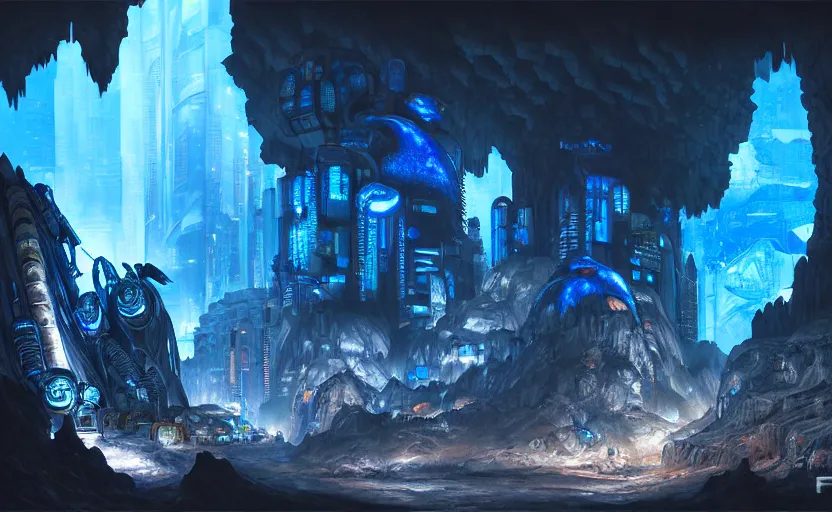 Image similar to cyberpunk factory in a giant dark cave, black rocks cave, detailed cave stones, deep cave, dramatic light, blue crystals, hyper detailed, realistic, intricate, concept art by frank hong, mate painting, artstation