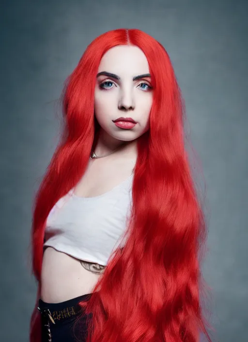 Image similar to ava max bright red hair photographed by charlotte rutherford, canon, highly realistic. high resolution. highly detailed. dramatic. 8 k. 4 k.