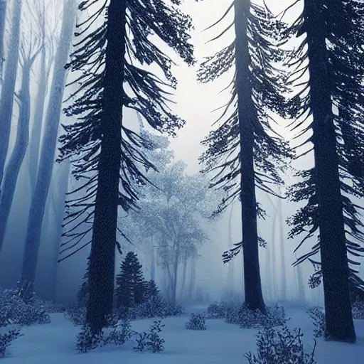 Image similar to still shot of a forest covered with winter fog, highly detailed, photorealistic portrait, bright studio setting, studio lighting, crisp quality and light reflections, unreal engine 5 quality render