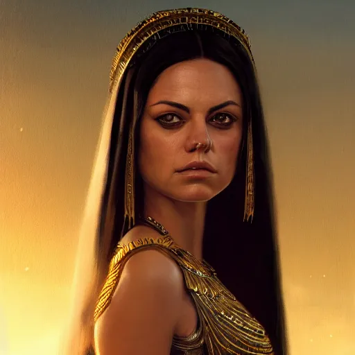 Image similar to closeup portrait of a mila kunis leigh as cleopatra, palace background, dramatic light, gorgeous view, depth, high detail, digital art, painted by greg rutkowski, trending on artstation