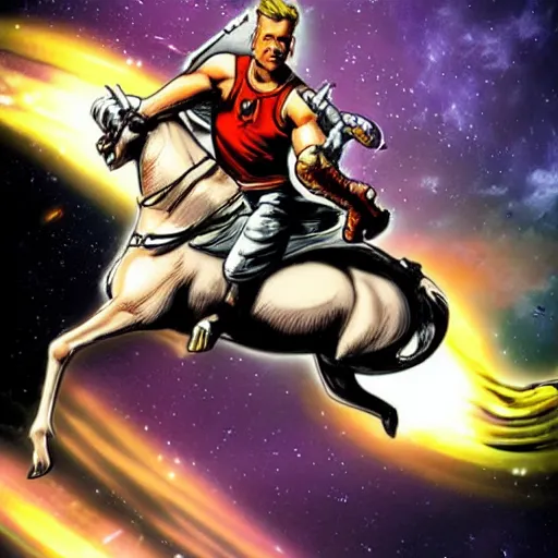 Image similar to Duke Nukem riding a unicorn through space