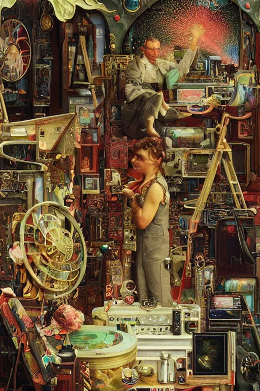 Prompt: an airbrush painting of an elaborate hidden object scene in a tv repair shop by destiny womack, gregoire boonzaier, harrison fisher, richard dadd