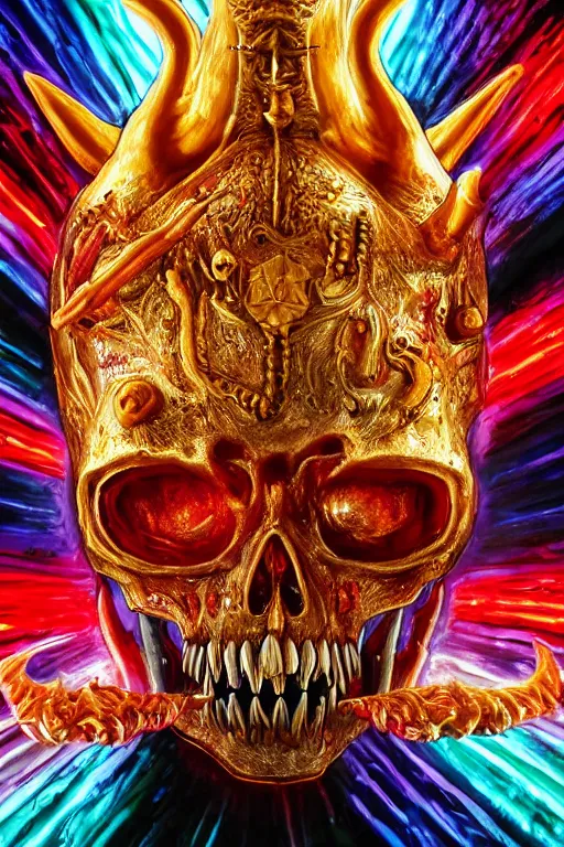 Prompt: 55 mm lens long shot photo of chthonic skull lsd colors with sharp teeth and demonic red eyes wearing a golden roman helmet with a red crest and horns and rgb background smoke, direct sunlight, glowing, vivid, detailed painting, Houdini algorhitmic pattern, by Ross Tran, WLOP, artgerm and James Jean, masterpiece, award winning painting