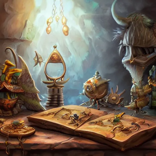 Image similar to photorealistic, tony sart, table, wizards laboratory, mortar, pestle, scales, magic book, beaker, energy