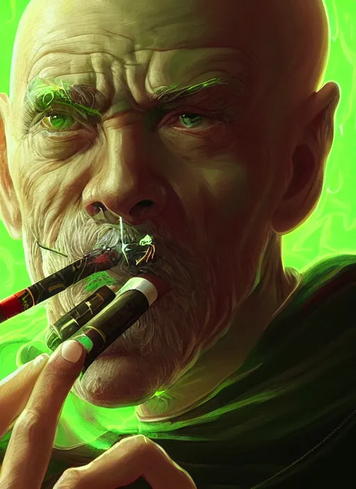 Image similar to a highly detailed illustration of bald old man smoking with green glowing eyes, dramatic cigarette in mouth pose, nuclear background, intricate, elegant, highly detailed, centered, digital painting, artstation, concept art, smooth, sharp focus, league of legends concept art, wlop.