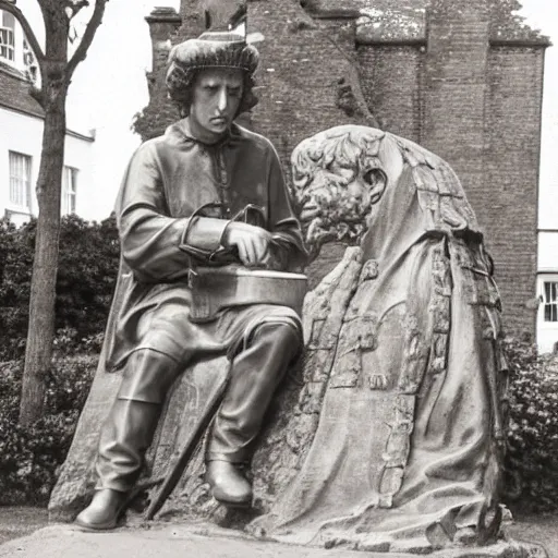 Image similar to bob dylan playing his guitar whilst sitting next to a statue of king alfred the great in wantage united kingdom, photograph