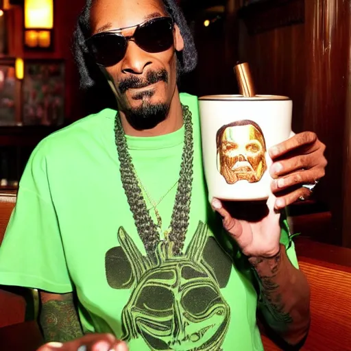 Image similar to snoop dogg at trader vic's bar holding a tiki mug with his face on it