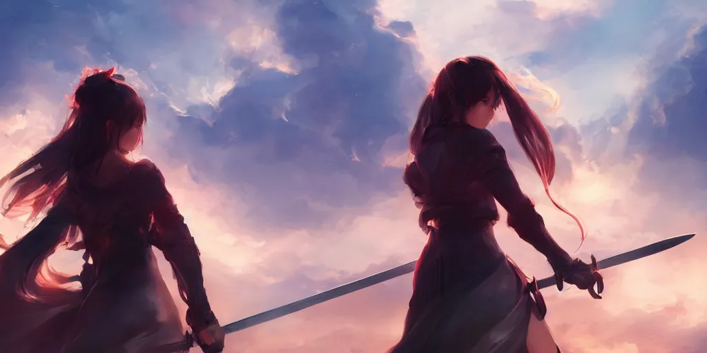 Image similar to back shot of one single beautiful girl gazing back into distance land, holding a oversized sword. digital art by wlop. artstation contest winner, cinematic paint. lower shot. fiery dramatic cloud in background.