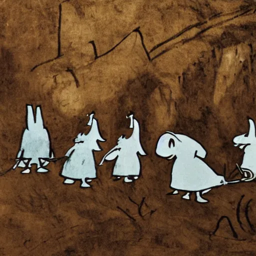 Image similar to the moomins, prehistoric cave painting, photograph taken in cave