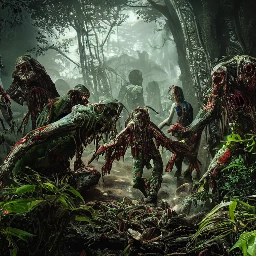 Image similar to zombies in a rain forest, hyper detailed, dramatic lighting, cgsociety, realistic, hyper detailed, insane details, intricate, dramatic lighting, hypermaximalist, golden ratio, rule of thirds, octane render, weta digital, micro details, ultra wide angle, artstation trending, 8 k,