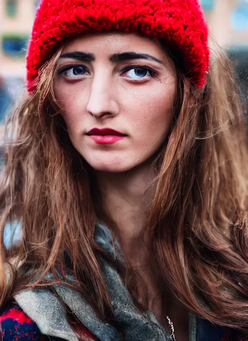 Image similar to close up portrait of beautiful Italian woman, red clothes, well-groomed model, candid street portrait award winning