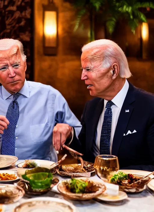 Image similar to Trump and Biden having dinner at a fancy Balinese restaurant, award winning photography, sigma 85mm Lens F/1.4, perfect faces