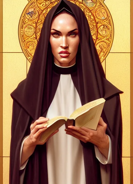 Prompt: portrait of megan fox as a sultry nun, bible, catholic, religion, cross, intricate, headshot, highly detailed, digital painting, artstation, concept art, sharp focus, cinematic lighting, illustration, art by artgerm and greg rutkowski, alphonse mucha, cgsociety