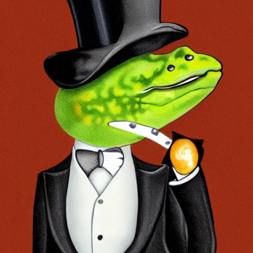 Image similar to Photograph of a gecko in a top hat smoking a cigar, holding a martini