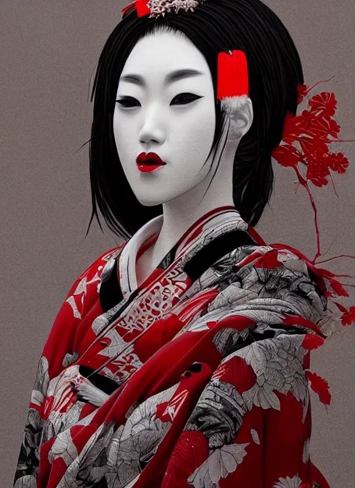 Image similar to maiko in a world of nighmare, fluent composition, red white and black, concept art, ambient light, 4 k, intricate details, highly professionally detailed, cgsociety, highly detailed -