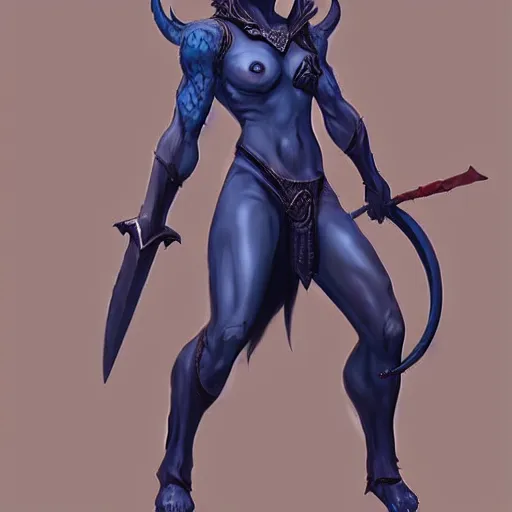 Image similar to D&D character concept art of a tiefling, tiefling rogue, blue skin color with short horns and a devil tail, casual pose of a Rogue holding daggers, full body pose, soft colors, fantasy, intricate, elegant, highly detailed, digital painting, artstation, concept art, smooth, sharp focus, illustration, wide angle shot, full body visible, art by artgerm and H R Giger and alphonse mucha