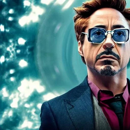 Image similar to robert downey jr with his head in a fish bowl, cinematic still