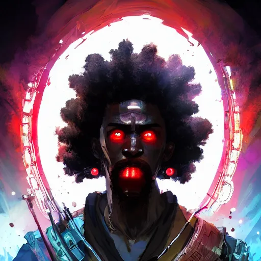 Image similar to afro samurai with robotic eyes in a dark fantasy cyberpunk style with a glowing ruby in the middle of his forehead, Apex Legends character, digital illustration portrait design, by android jones and greg rutkowski, retrowave color scheme, detailed, cinematic lighting, wide angle action dynamic portrait