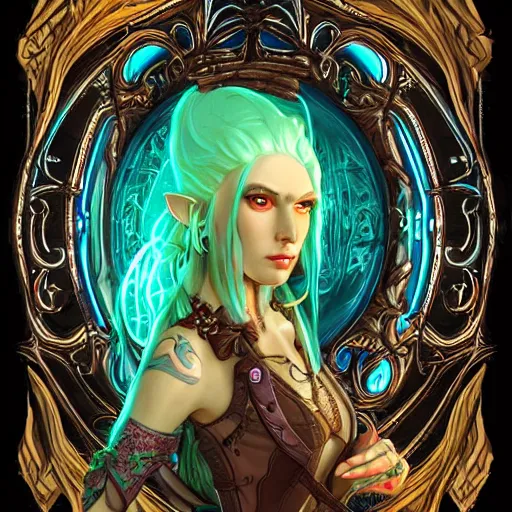 Image similar to portrait of a female elven pirate, character design, concept art, digital illustration, ray tracing, fantasy, neon lighting, intricate and highly detailed, coloured with lots of colour, pose, fantasy, sharp focus,