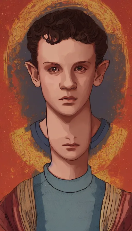 Image similar to Eleven from Stranger Things portrait painted in the style of an ancient royal portrait. Beautiful anime lush forest background. Golden hour. Trending on art station