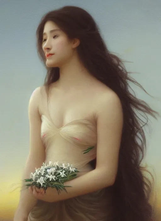 Image similar to oil painting close up portrait of a young woman with long dark flowing hair in a black dress, surrounded by white lilies!! at sunset, hazy, digital art, chiaroscuro, artstation, cinematic, golden hour, digital art painting by greg rutkowski, 7 0 s japanese sci - fi book art, william - adolphe bouguereau, hazy atmosphere, cinematic lighting