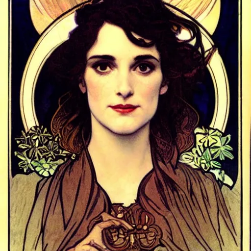 Prompt: winona ryder portrait by louis - theophile hingre and alphonse mucha, realistic, sharp focus, zodiac signs, tarot cards, planets, ethereal, art nouveau, magic, moon, sun, crown, dreamy, royal, jewellery