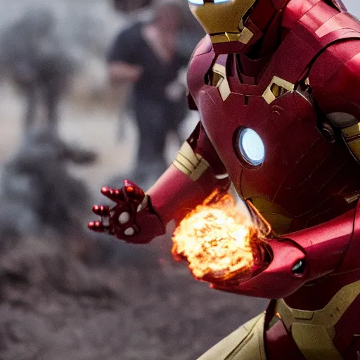 Image similar to iron man, scene from the avengers, explosions, fire, tanks, military, battlefield, war photography