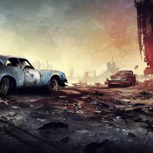 Image similar to picture of a broken down car in wasteland fallout i style with a mutant standing in front of in. artstation trending 4 k award winnind