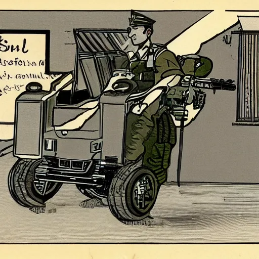 Prompt: military diagram of a mobility scooter with a mounted machine gun