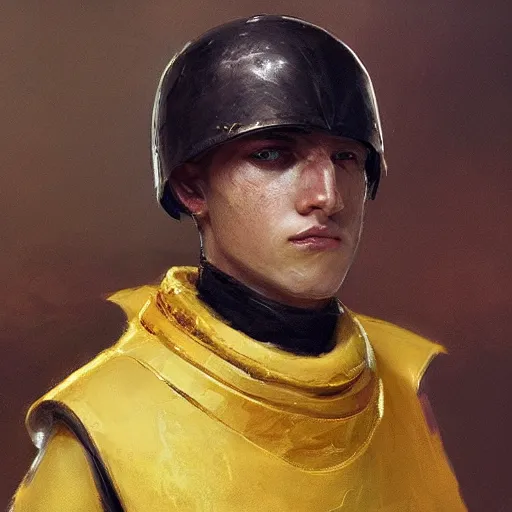 Prompt: Medium closeup young idealistic and pious male Imperial soldier wearing a black and yellow tabard over a gambeson and a steel open helm, by Raymond Swanland Greg Rutkowski Lise Deharm, {perfect face}, {perfect eyes}